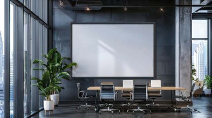 A mockup of a Large empty frame or blank white photo frame on a dark gray wall in a modern building office interior background, Mock-up banner design, and copy space.