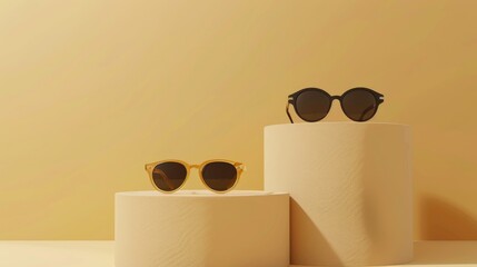 Summer eyewear collection showcased on podiums against a beige backdrop Sunglasses and eyeglasses for sale with promotional discounts Minimalist flat lay presentation with space for text