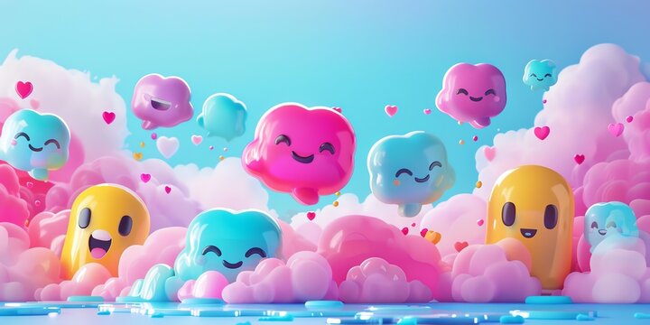 3D social media wallpaper, abstract icons, colorful, cute shapes, advertising banners, website banners