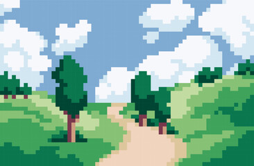 Obraz premium Nature landscape pixel art background. Beautiful sunny view with trees and green land. 8 bit banner. Game development, mobile app template. Backdrop vector illustration. 