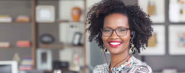 Smiling woman with curly hair and glasses wearing a headset in an office. Friendly and professional appearance highlighting effective communication