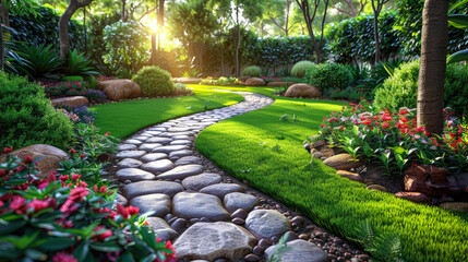 Garden path in the flower garden with sun light