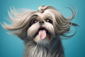 Portrait of a funny shih tzu over soft blue background