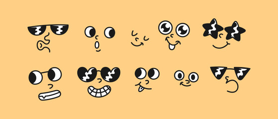 Set of Unique Cartoon Face Expressions with Different Emotions - Vector Illustration of Funny and Sad Faces with Sunglasses, Googly Eyes, and Various Mouths - Perfect for Emojis, Stickers, etc
