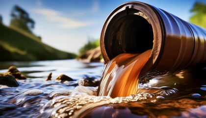 Fototapeta premium Extreme close-up of a sewer pipe pouring its dirty brown water into a clean river, long exposure. Water pollution in river because industrial not treatment wastewater before drain. Generative Ai.