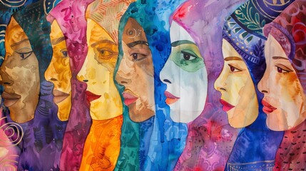 Obraz premium Colorful abstract watercolor painting showcasing diverse women of various cultures and ethnicities in celebration of International Women's Day