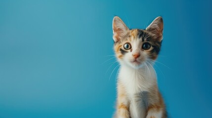 Obraz premium Young calico cat posing in front of blue background isolated
