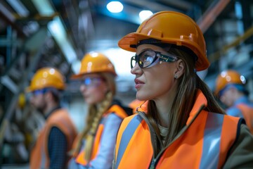 Female engineer leading a team meeting with authority and competence, illustrating success in leadership and management.