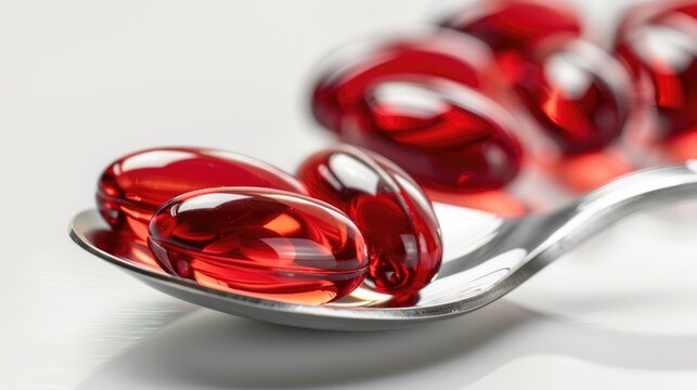Red soft gel vitamin supplement capsules on spoon