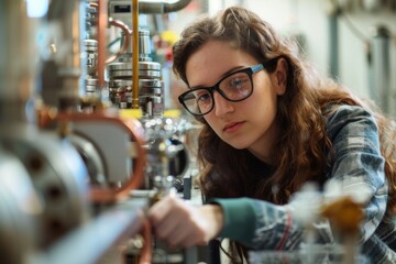 Female student researching geothermal energy systems in a university laboratory, studying sustainable heating and cooling solutions.