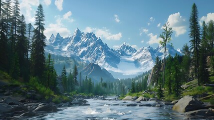 A mountain river carving through rocky terrain, framed by towering pine trees and distant...