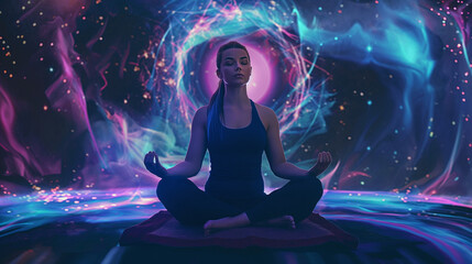 Illustration of a woman meditating in a mystical environment. 