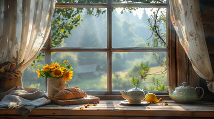 Fototapeta premium A quaint windowsill with a teapot, bread, and sunflowers, set against a backdrop of a sun-drenched rural landscape
