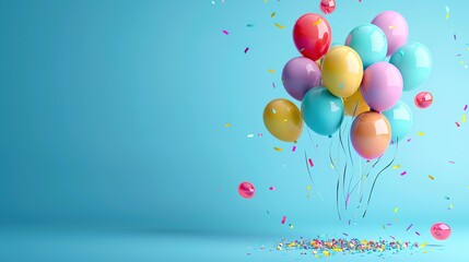 Colorful Balloons on Blue Background with Copy Space: Birthday Party Decoration and Celebration Concept
