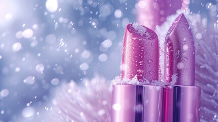 A pair of pink lipsticks sits atop a snowy surface, ready to be used