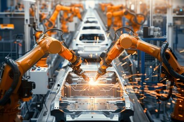 Robotic arms welding car body frames on an automotive assembly line, contributing to the mass production of vehicles.