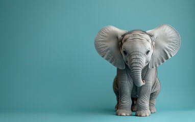 Adorable baby elephant standing against a turquoise background, with large ears and a cute expression, perfect for children's decor or educational use.