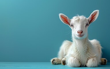 Fototapeta premium Adorable baby goat sitting against a teal background. Perfect for farm, animal, or nature-related themes. Capture cuteness and charm in one frame.
