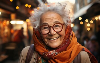 Obraz premium A woman with glasses and a scarf on her head is smiling. She is wearing a backpack and she is happy