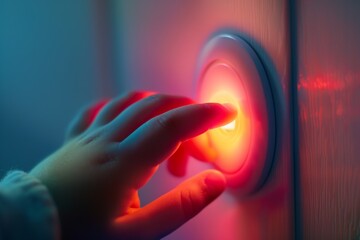 Close-up of a child's hand pressing a button to turn off lights for Earth Hour, advocating for energy conservation.