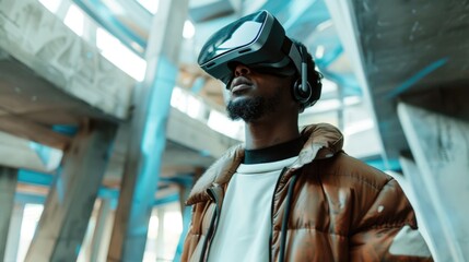 A person wearing a virtual reality headset in a modern building setting
