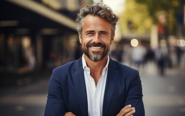 Obraz premium A man in a suit and white shirt is smiling and posing for a picture. He is confident and happy, and the image conveys a sense of professionalism and success