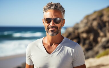 A man with a beard and gray hair is smiling and wearing sunglasses. He is standing on a beach with the ocean in the background