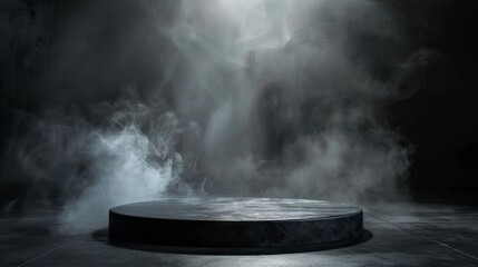 Podium black dark smoke background product platform abstract stage texture fog spotlight. Dark black floor podium dramatic empty night room table concrete wall scene place display studio smoky dust