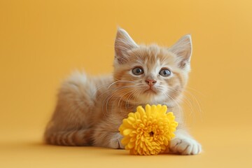 Adorable orange kitten posing with a yellow flower against a matching background, creating a perfectly color-coordinated and charming image.