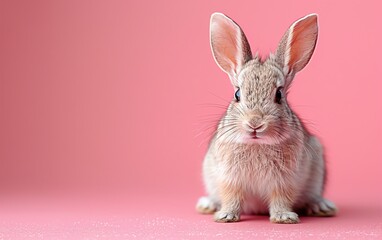Obraz premium Adorable rabbit sitting on a pink background. Perfect for Easter, springtime themes, or pet-related content. Cute and eye-catching image.