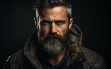Obraz premium A man with a beard and a hooded jacket is staring at the camera. The image has a moody and serious tone, as the man's expression is intense and focused