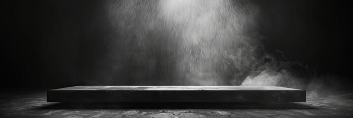Obraz premium Podium black dark smoke background product platform abstract stage texture fog spotlight. Dark black floor podium dramatic empty night room table concrete wall scene place display studio smoky dust