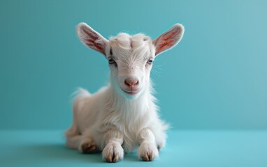 Adorable white baby goat lying down against a light blue background. Close-up portrait of a young goat with a curious expression.