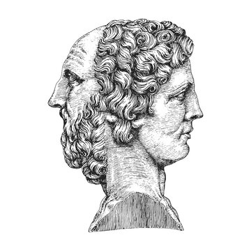 Janus, the Roman god, vintage drawn illustration