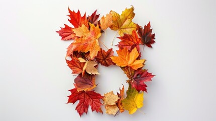 Colorful autumn maple leaves arranged in letter B shape on white background viewed from above