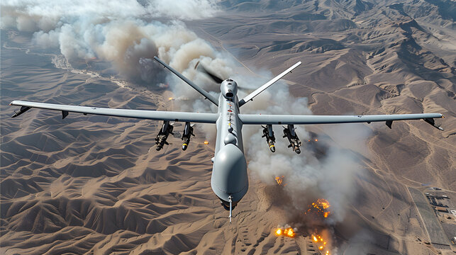 Aerial view and silhouette of a military drone flying over a mountain range at sunset. Military mission and target.
