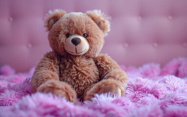 Fototapeta premium Cute brown teddy bear sitting on a pink fluffy bedspread against a tufted headboard background, perfect for nursery decor or child gift ideas.