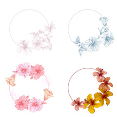 Flower circle frame. Hand drawn round line border, leaves and flowers, wedding invitation and cards, logo design and posters template. Elegant minimal style floral vector isolated 