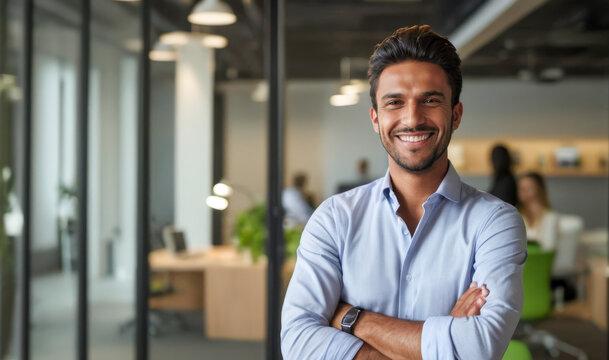 Confident entrepreneur in modern office, arms crossed, embodying startup culture, dressed in smart casual attire, against backdrop of innovative workspace, successful business ventures