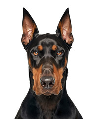 Head portrait of a Doberman Pinscher dog, symmetrical view, isolated background