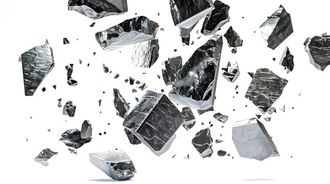 pieces of magnesium floating in the air, white background