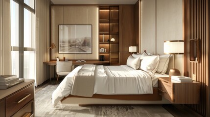 A peaceful room with a large bed and a desk, perfect for reading or working