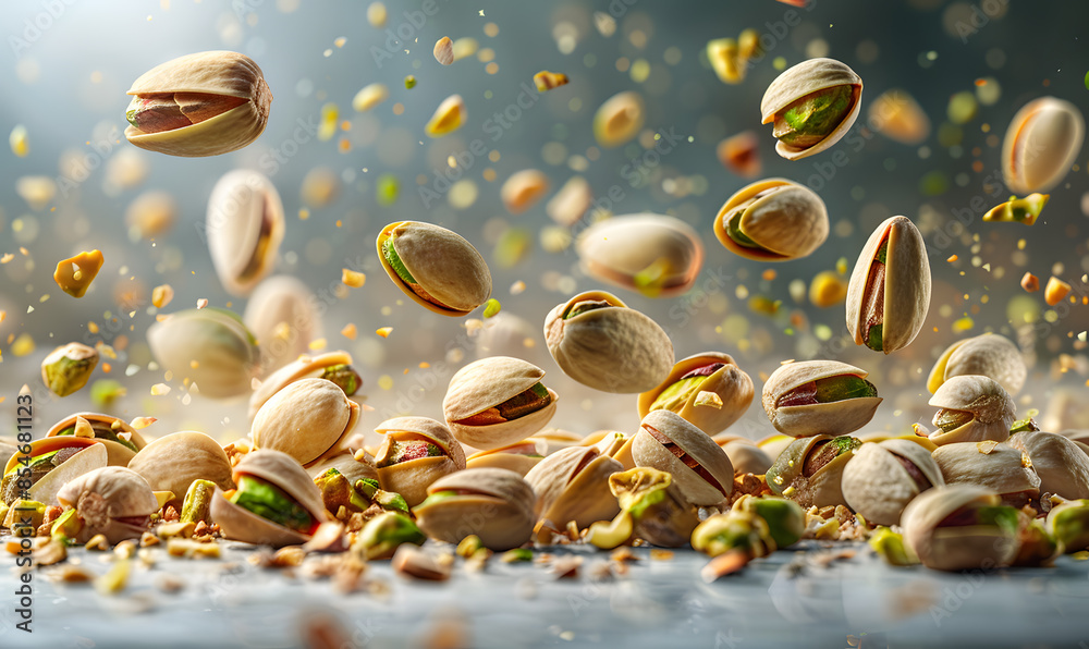 Poster pistachios floating in the air