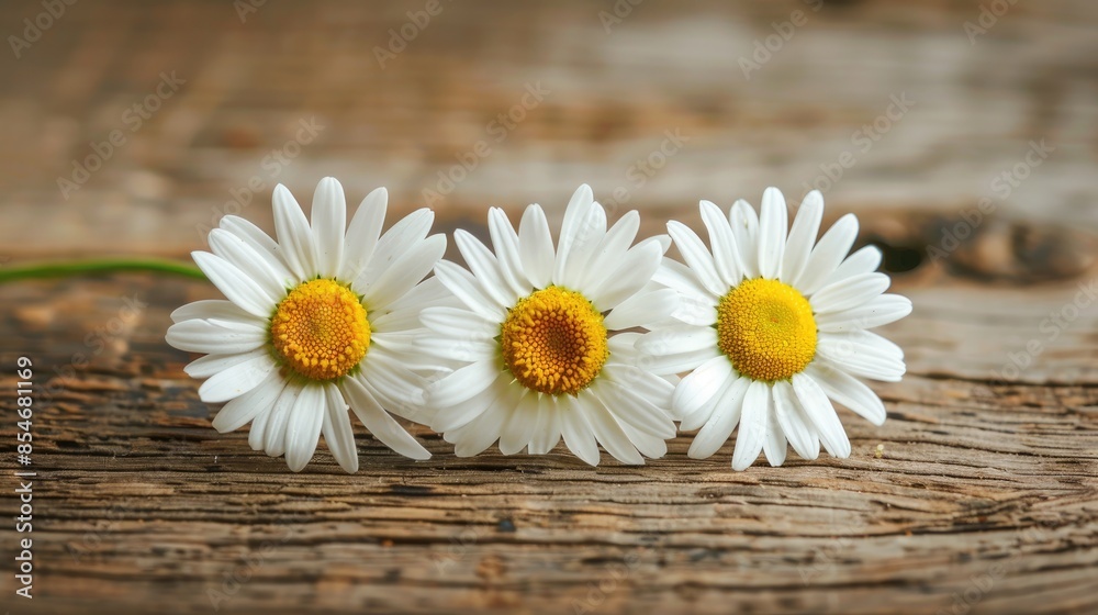 Wall mural three chamomile blossoms on a wood surface - Wall murals
