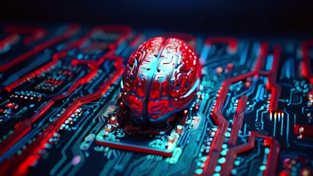 A glowing red brain sits on a circuit board with blue lines running through it.