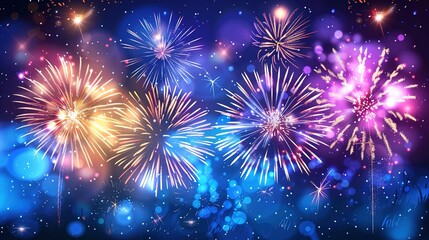Fototapeta premium Vibrant New Year fireworks display against dark background with blurred foreground. High definition photography with festive style
