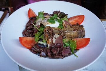 Close up Gourmet Salad (Salade Gourmande) bowl- Mesclun, Foie Gras, smoked duck, tomato, gizzard, duck leg and boiled egg