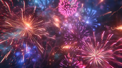 Fototapeta premium Vibrant New Year fireworks display against dark background with blurred foreground. High definition photography with festive style
