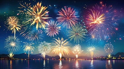 Vibrant New Year fireworks display against dark background with blurred foreground. High definition photography with festive style