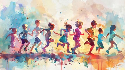 Cheerful children in watercolor-like dashes, joyously running side by side.